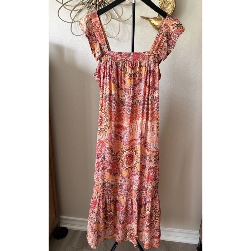 Knox Rose Boho Tiered Midi Dress Sz S Square Neck Flowy Earthy Peasant Prairie